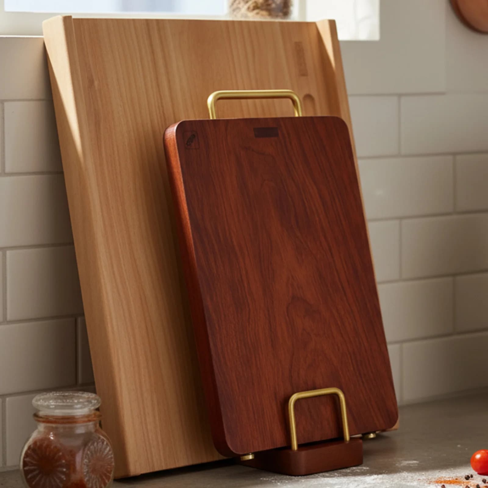 Multi-layered cutting rack in solid wood, Cutlery resistant to wear, Metal pot holder