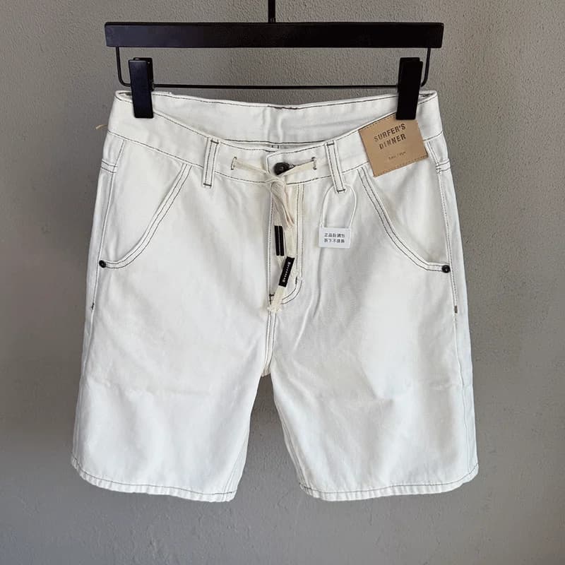 Jeans da uomo alla moda bianchi con coulisse, a gamba dritta, casual, versatili, a vita media, lunghezza a cinque quarti