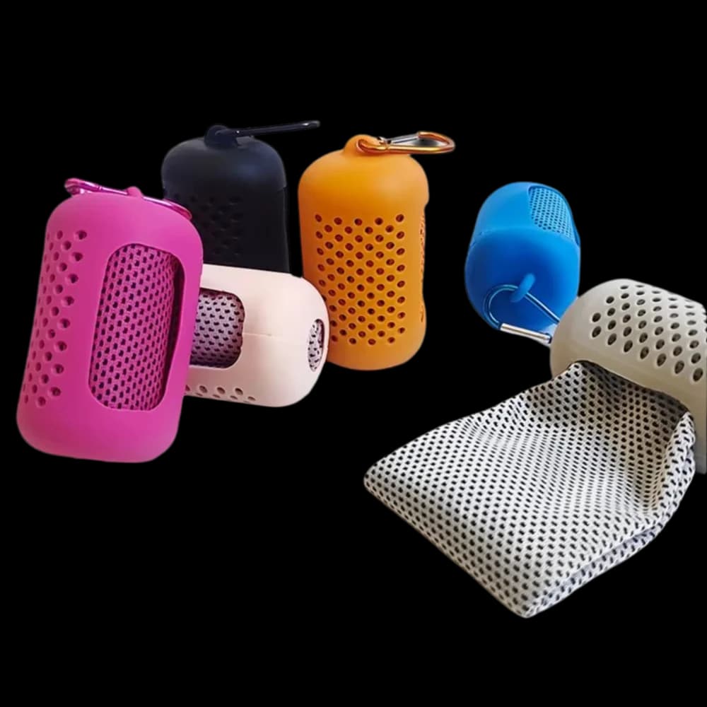 Mini asciugamano freddo sportivo per assorbimento del sudore Asciugamano freddo avvolto portatile ad asciugatura rapida con gancio Borsa in silicone Asciugamano da viaggio Palestra