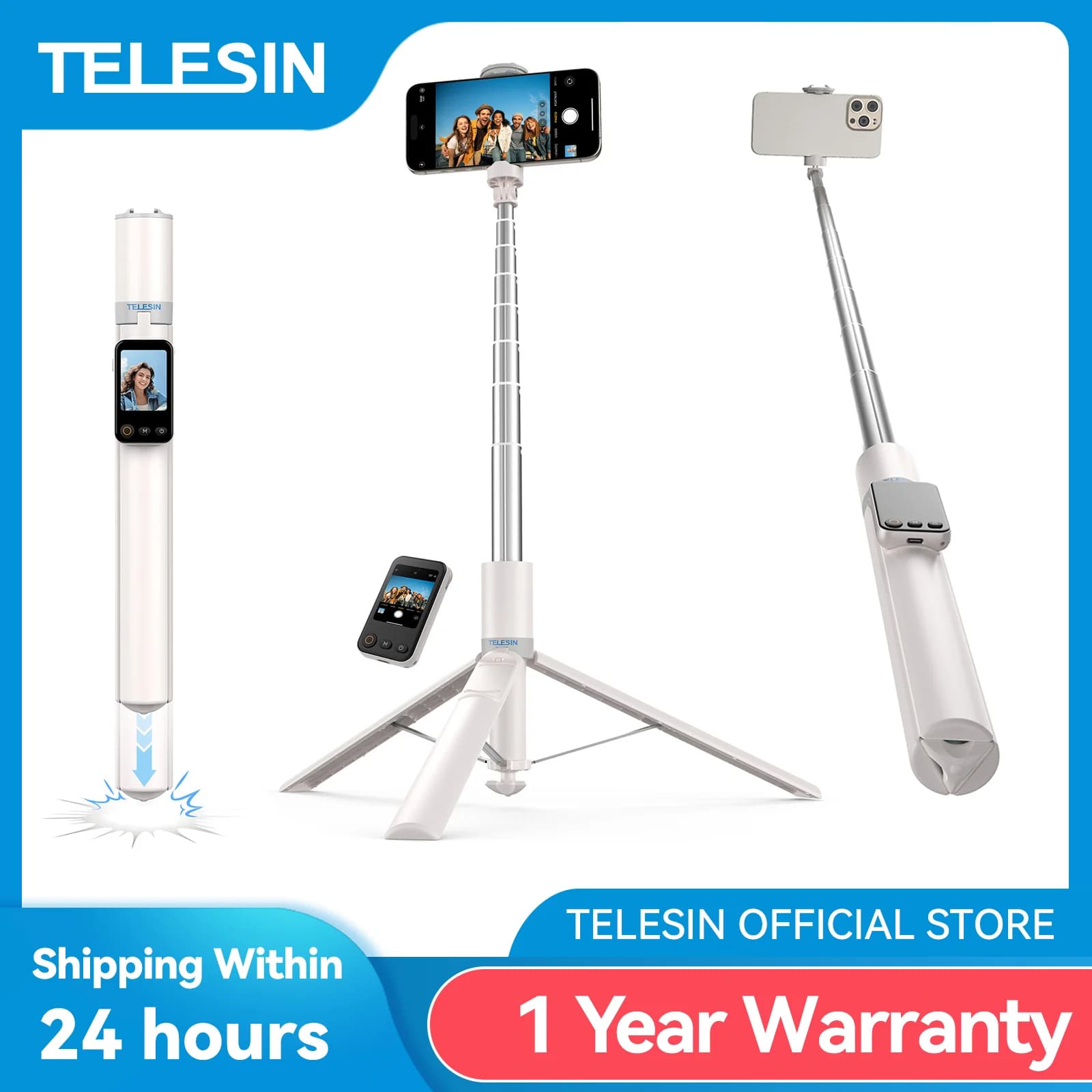 TELESIN 1.7M Monitor con Schermo, Telecomando Wireless Bluetooth, Asta Selfie e Treppiede per Smartphone iPhone SAMSUNG XIAOMI HUAWEI