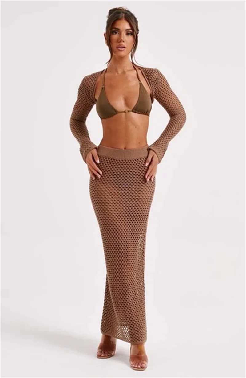 Set da 2 pezzi Top corto da donna a maniche lunghe e gonne Abito in maglia, abito da spiaggia con fasciatura, copricostume bikini sexy trasparente all'uncinetto cavo