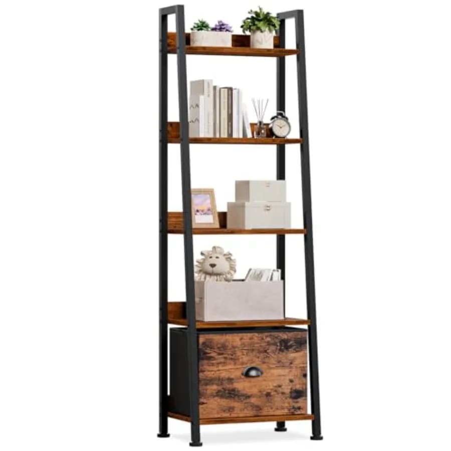 Libreria a 5 livelli con scaletta e cassetto rimovibile, scaffale rustico in legno e metallo, organizer autoportante
