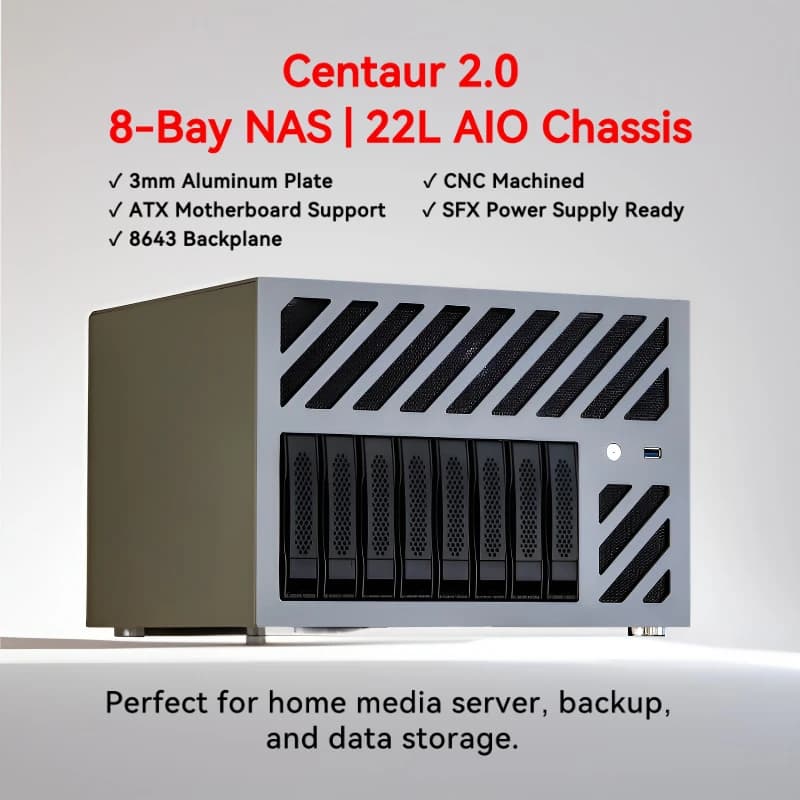 Chassis NAS Centaur con 8 alloggiamenti per dischi rigidi, piastra in alluminio da 3 mm, scheda madre ATX, server di archiviazione domestico Feiniu Black Synology