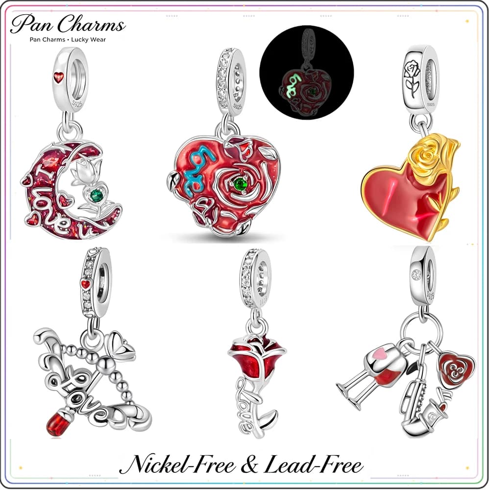 Pan Charms Glow in Dark Heart Cupid Arrow Charm Bead Valentine Rose Wine Date Couple Love Gift for Her Anniversary Birthday