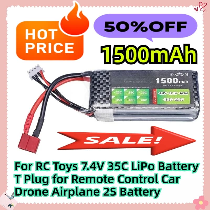 Per giocattoli RC 7.4V 1500mAh 35C LiPo Batteria T Spina per telecomando Auto Drone Aereo 2S Batteria