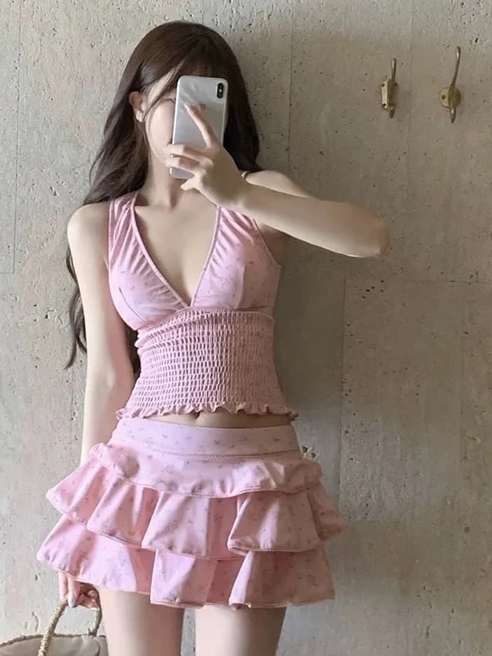 Costume da bagno tankini modellante da donna per l'estate, set bikini con gonna a vita alta, in poliestere con stampa floreale vintage
