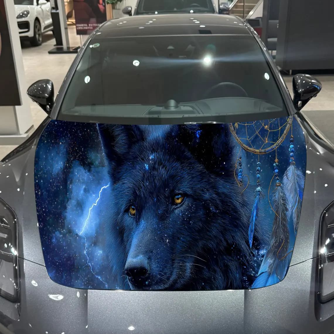 Cosmic Dark Wolf Dreamcatcher PVC Car Hood Wraps, Self-Adhesive Waterproof Car Bonnet Decal Sticker, Car Decoration Protection S