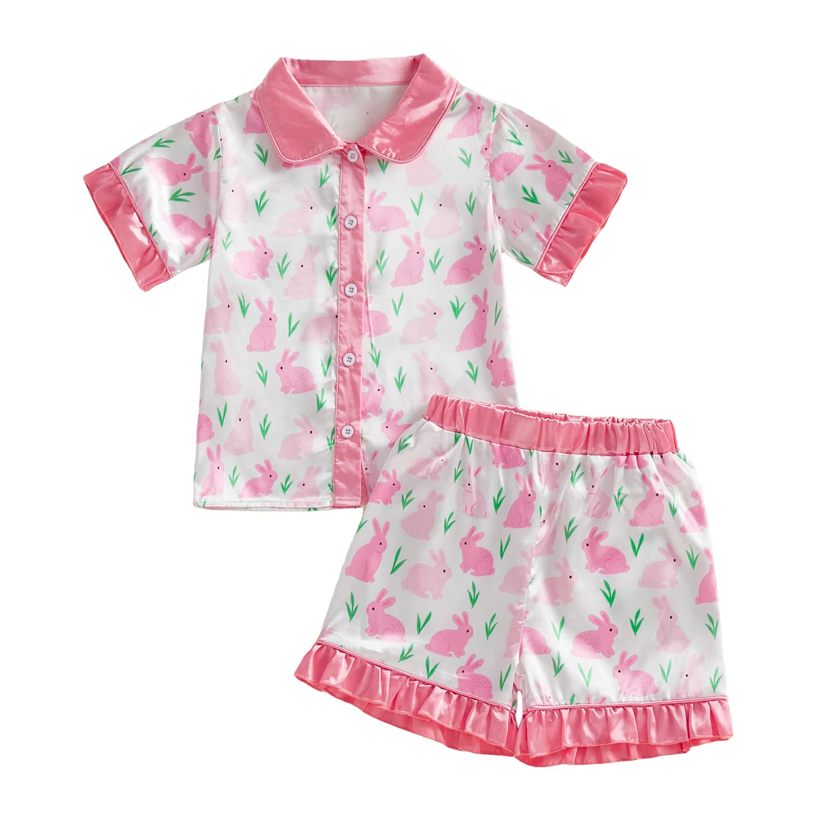 Adorable set of paschal paschal pyjamas for girls with pretty tops with short sleeved volant with print of bunnies and shorts coordinated for a