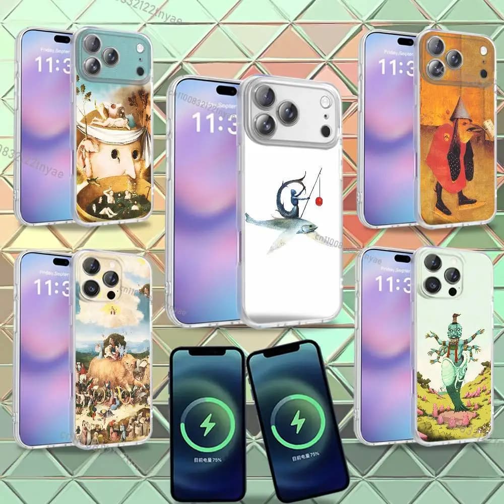 Custodia per telefono con stampa artistica Hieronymus Bosch per iPhone 16, 14, 11, 17, 13, 15, 12, Air, Plus, Pro, Max, E, Mini, satinata per ricarica wireless magnetica