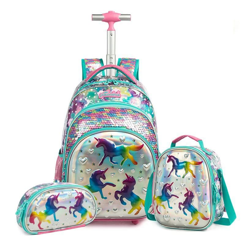 Zaino da scuola per bambini con ruote Borsa da scuola per ragazze con paillettes Studenti elementari Zaino con ruote Borse da viaggio Trolley