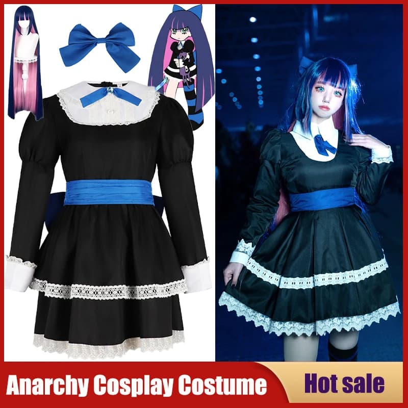 Anime Panty Stocking Autumn Maid Lolita Cosplay Costume Heroine Anarchy Stocking Dress Belt Headwear Wig Long Socks Bowknot Suit