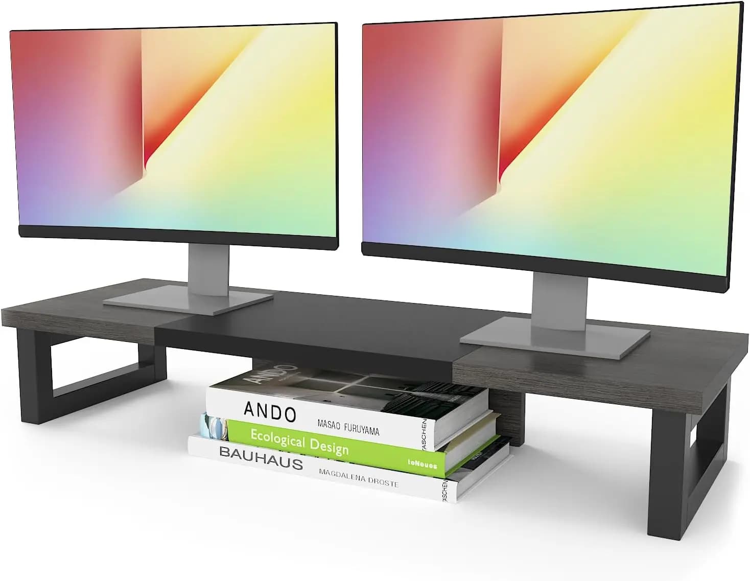 Support for Double Monitor with Wood and Steel Design, Multifunction Desk Organizer for Computers and More