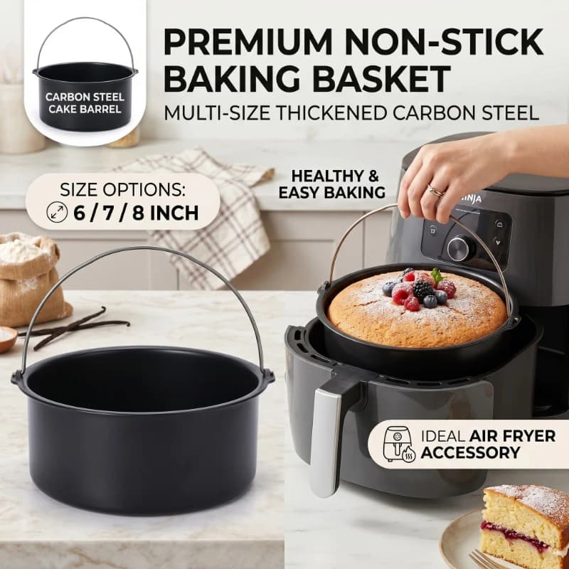 Stampo per Torte in Metallo da 6/7/8 Pollici, Vassoio Rotondo Antiaderente con Manico per Friggitrice ad Aria, Utensile da Cucina per Torte e Pizza