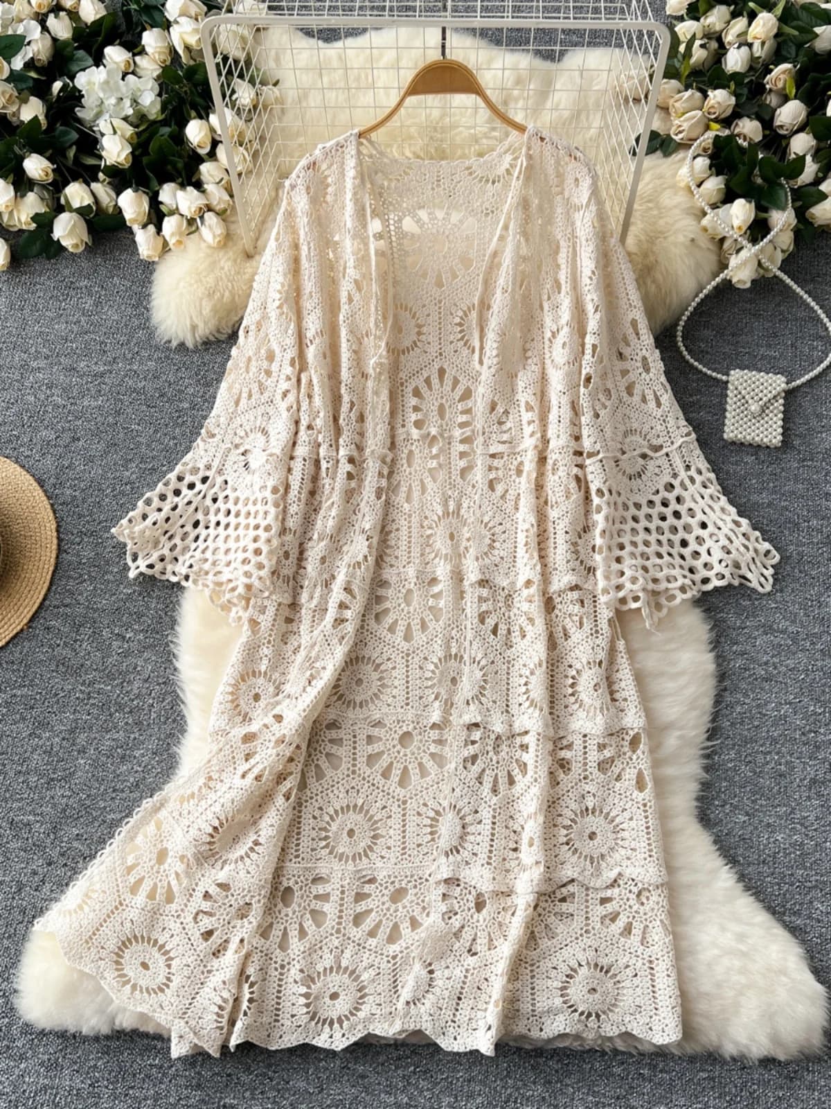 Cardigan da donna in maglia traforata con motivo floreale, lungo, protezione solare, casual, versatile, snellente, elegante, per il pendolarismo