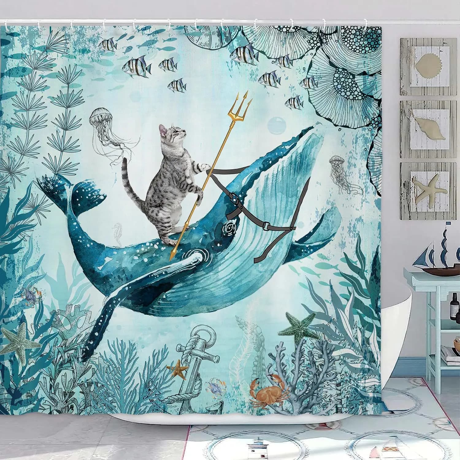 Tenda da Doccia con Gatto Divertente che Cavalca una Balena, Arte Subacquea Oceanica, Animali Marini Carini, Pesci, Meduse, Decorazione Costiera con Ganci