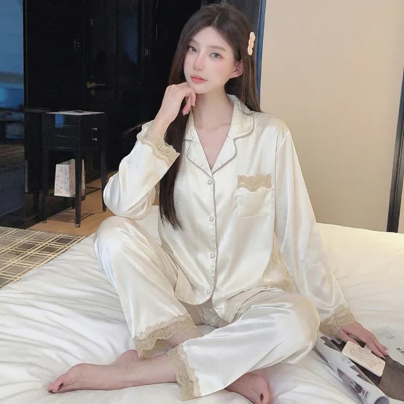 Pigiama da donna a maniche lunghe in seta ghiaccio di alta gamma, versione sottile primavera/estate, con finiture in pizzo, stile Pure Desire, loungewear effetto seta