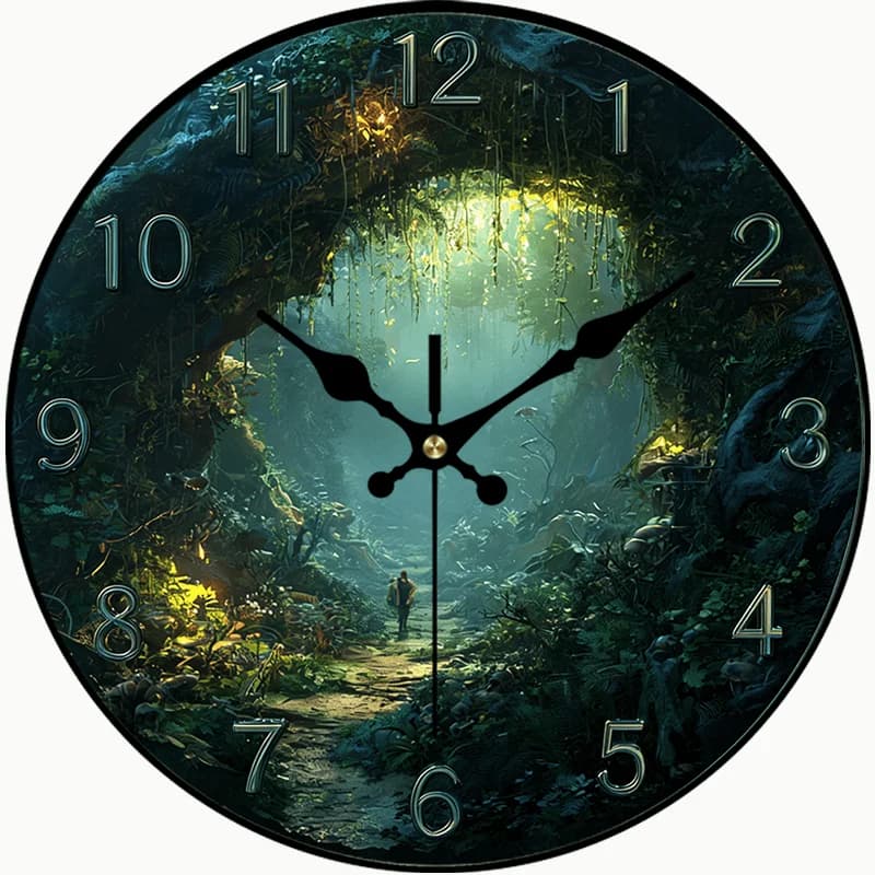 2D Piatto. 1 pezzo, orologio da parete in PVC a tema Misteriosa Avventura nella Giungla, orologio rotondo silenzioso per camera da letto, soggiorno, ufficio