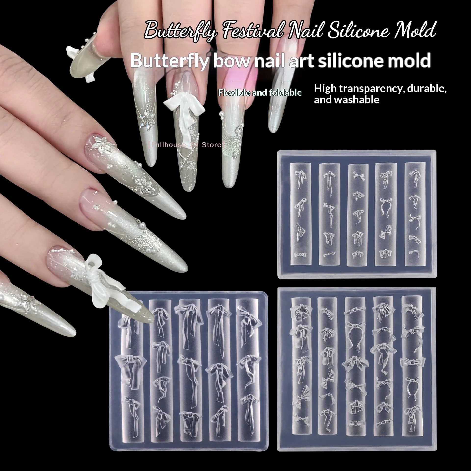 【MAX-22】Stampo in silicone per nail art a forma di fiocco, motivo a fiocco cartone animato, decorazioni per unghie, stampo per riempimento smalto, design a rilievo