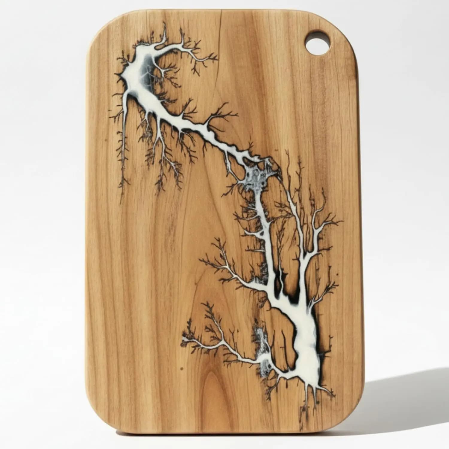Acacia wood cutting 16x10.5 Inches with Epoxy Resin Burned in Frattale Bianco Perla, to Serve, Taste and Cut