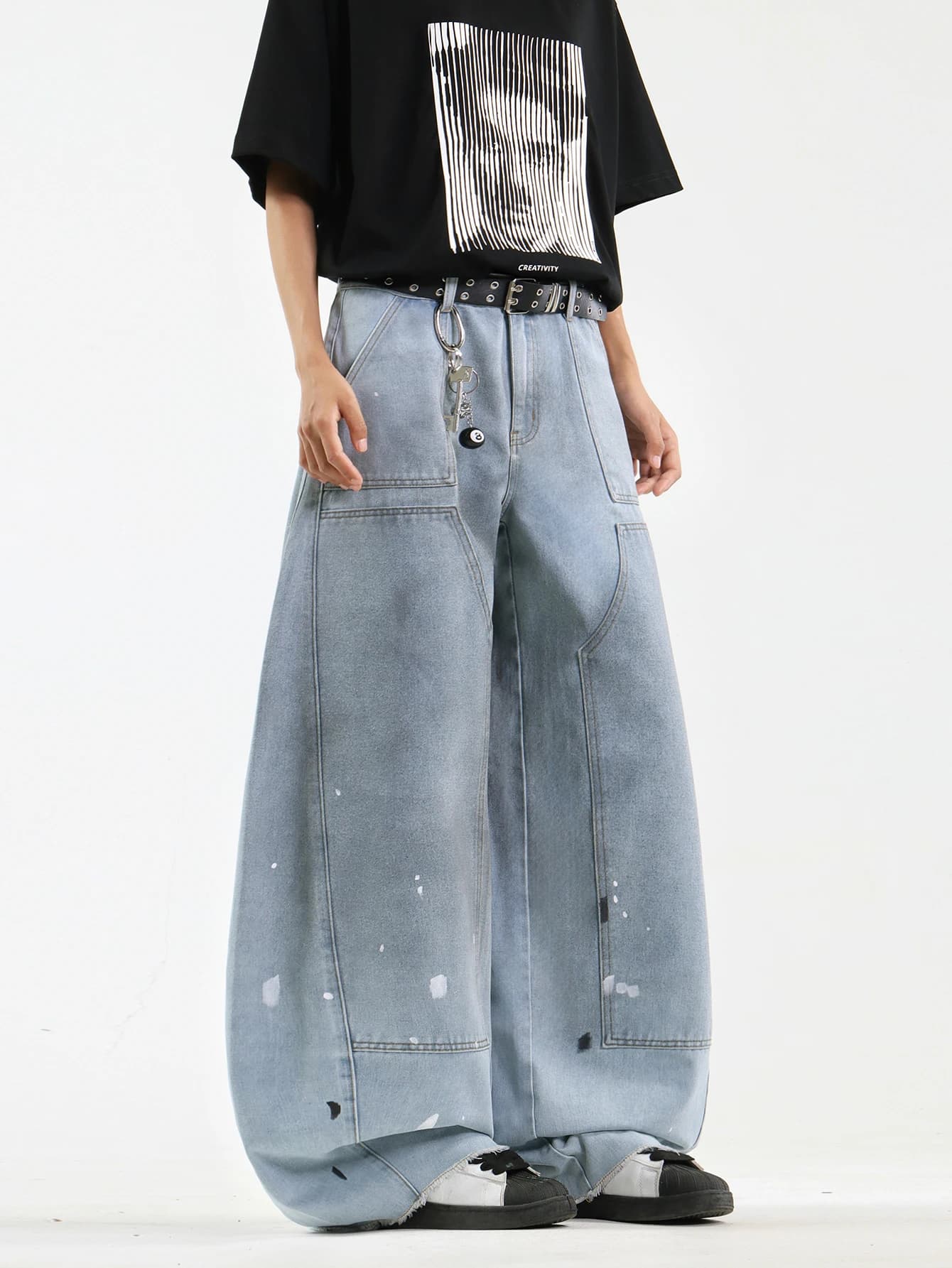 Men's Versatile Baggy Wide-Leg Jeans, Minimalist Style Men's Loose Wide-Leg Casual Trousers, All Seasons No Belt/Accessories