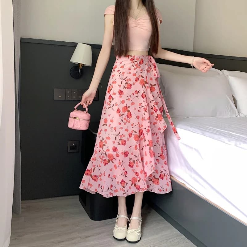 Abito Lungo da Spiaggia in Chiffon Rosa con Pizzo Floreale, Modello Sottile in Fibra di Poliestere a Vita Media da Donna con Fiocco
