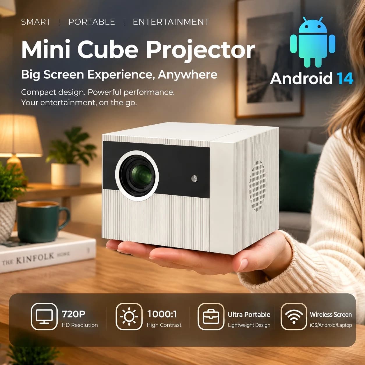 Toprecis Mini Cube Projector, 720P Native 4K Supported, Android 14 WiFi Screen Mirroring, 45° Adjustable Stand Home Theater