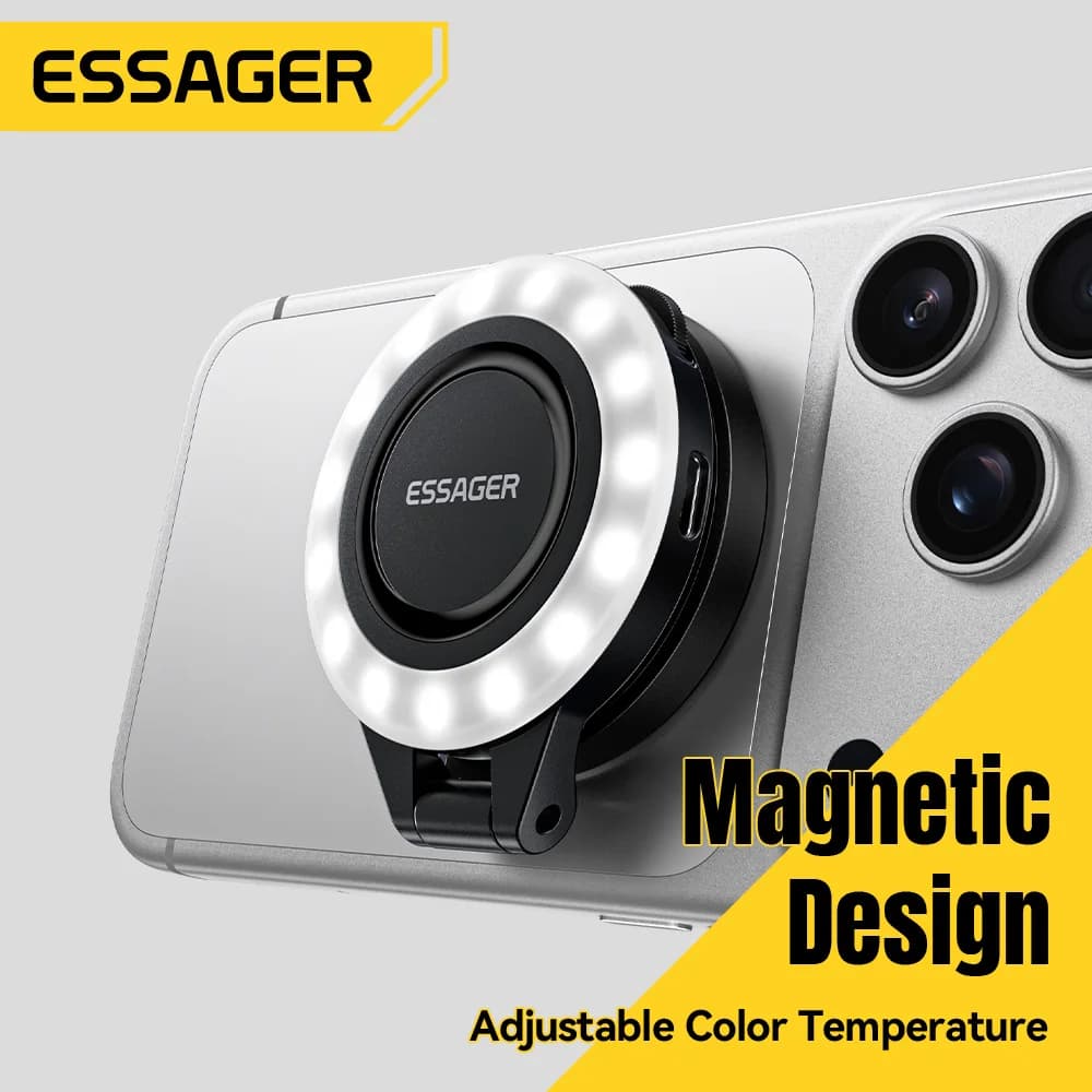 Essager Luce Magnetica Multifunzione con Specchio per Selfie, Luce di Riempimento Regolabile a 3 Colori, Reversibile per Vlog e Live