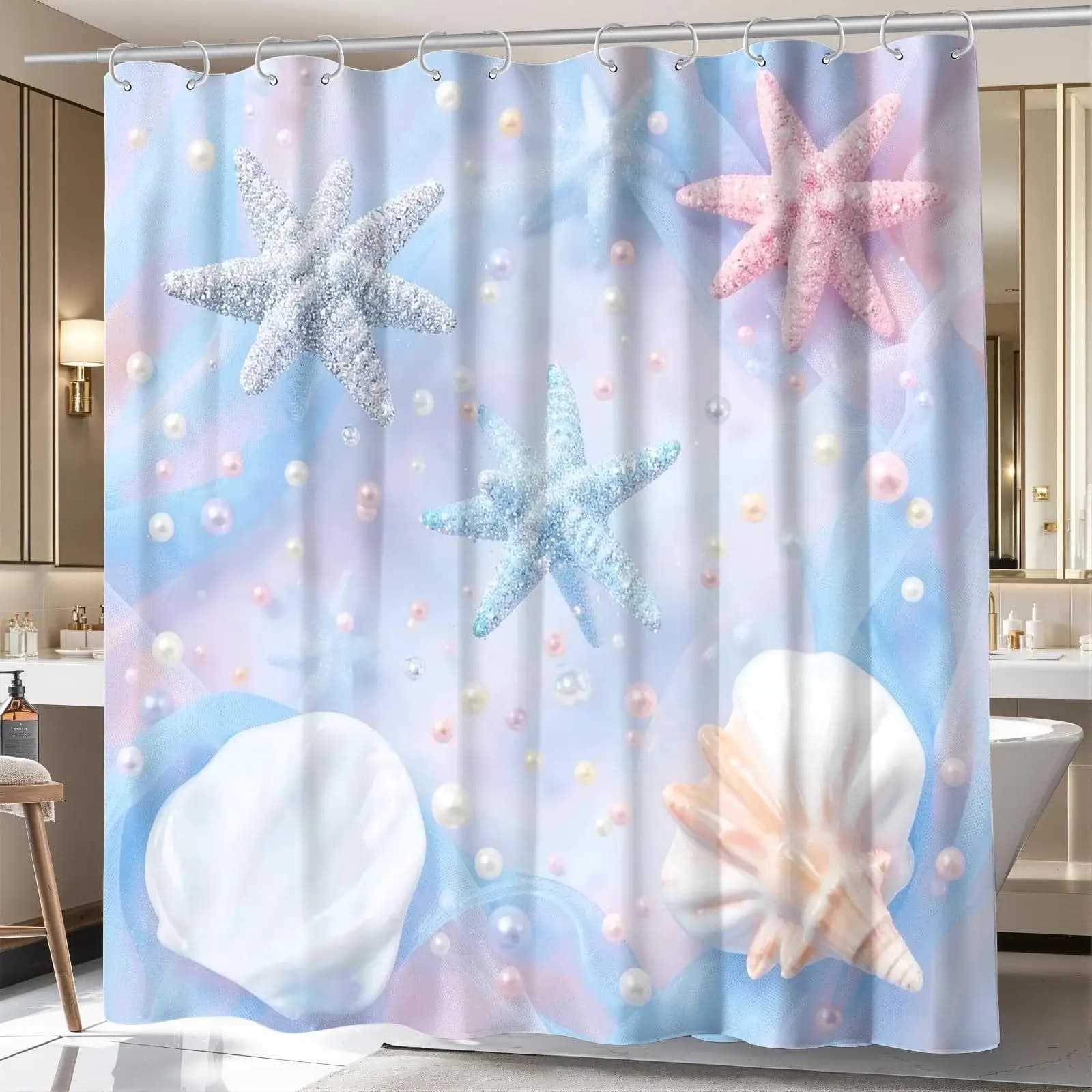 Beach Ocean Sea Life Shower Curtain Bathroom Decor Cute Nautical Starfish Seashells Curtain Liner Waterproof Home Accessory