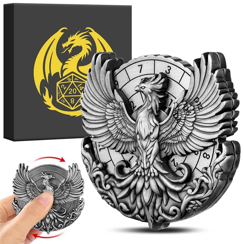 Phoenix Dice Spinner 7 in 1 Ruota per dadi metallizzata con punta delle dita DND Gioco di ruolo Accessori per giochi da tavolo con confezione regalo di immagazzinaggio