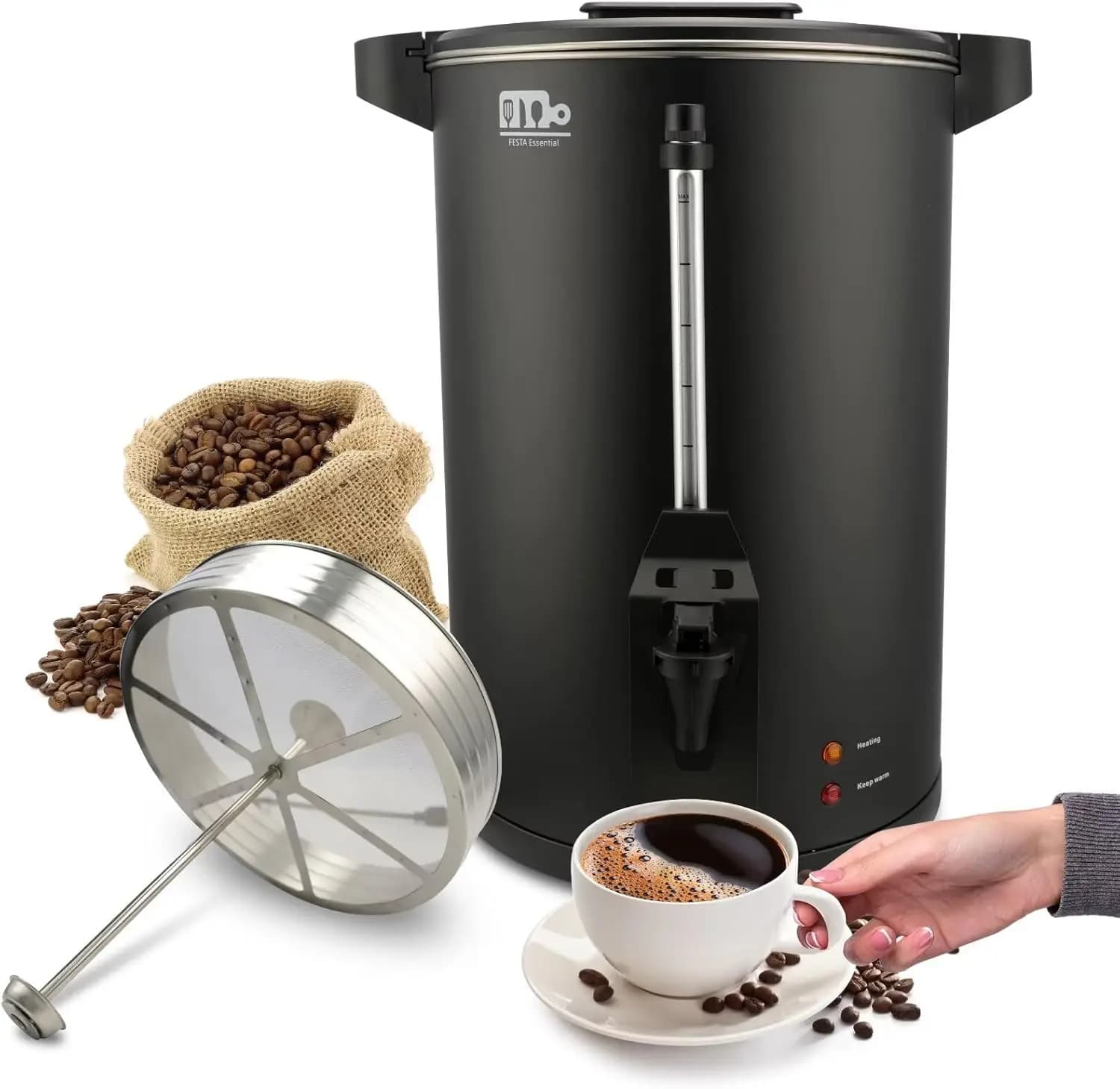 Commercial coffee urn from 55 cups of 10 liters, 750 W stainless steel hot water dispenser with double glazing tap, black