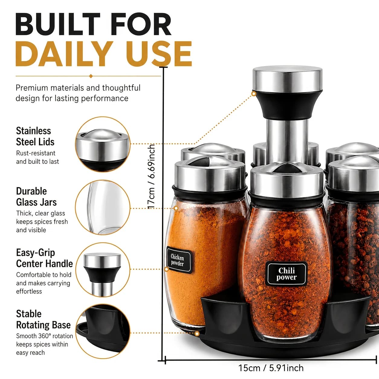 Kitchen Rotating Spice Rack Storage Set, Rotatable Turntable Stand, Glass Jar Set, Blank Labels, Space-Saving Storage Solution for Kitchen and Dining Table Use