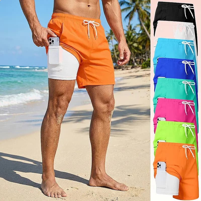 Mens Swim Trunks with Compression Liner Phone Pocket Quick Dry Board Shorts Summer Beach Swimwear Bathing Suit