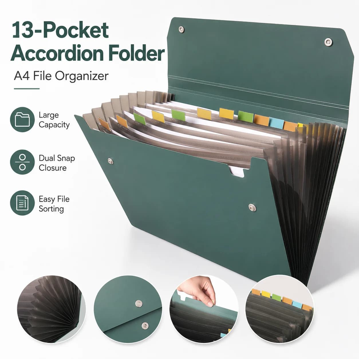 13 Pocket A4 Expanding File Organizer Accordion Document Folder with Snap Closure, Portable Storage Case for Office School Home