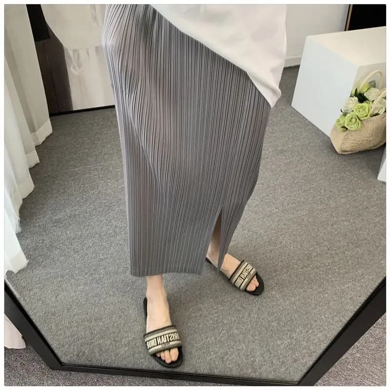 Soft Pleated High Waist Skirt Spring Summer Asymmetrical Hemline Women's Commuter Style Polyester Fiber A-Line Skirt