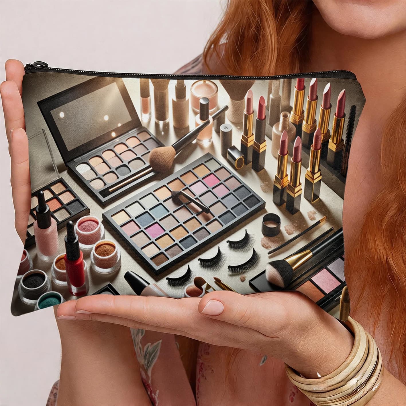 Borsa per il trucco con stampa cosmetica, palette di ombretti, rossetto, organizer per strumenti di bellezza, abbigliamento da donna