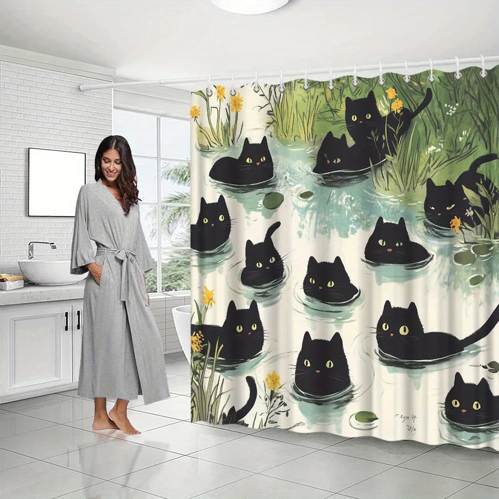 Tenda da doccia Black Cat Pond – Simpatici felini galleggianti su ninfee, arte ispirata alla natura, 72x72 pollici, poliestere, include ganci