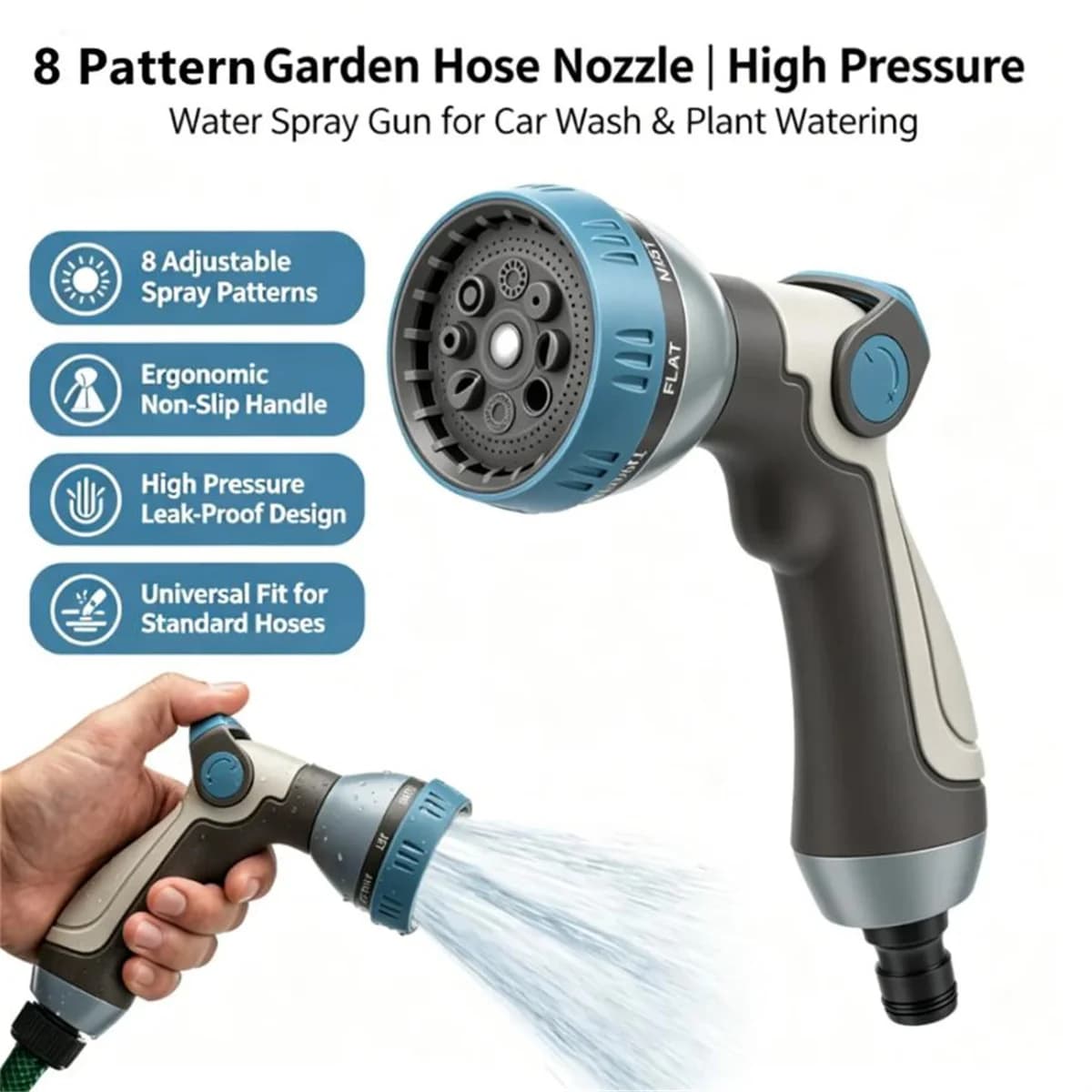 8 Pattern Garden Hose Nozzle High Pressure Spray Gun With Thumb Control Flow Valve For Car Wash Pet Bathing Lawn Watering Metal