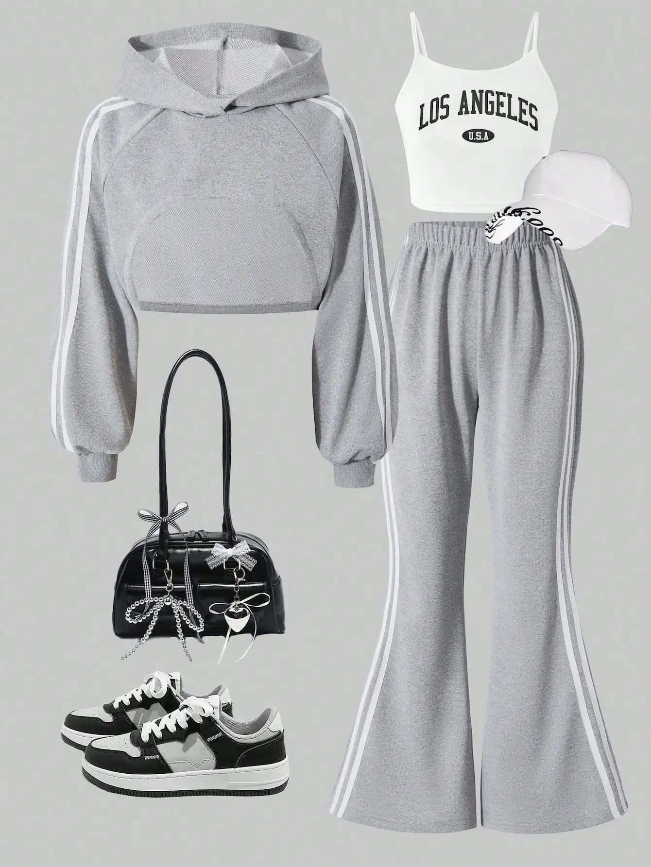 Pantaloni a gamba larga alla moda per ragazze, per la primavera e l'autunno, gilet con cappuccio e stampa casual da esterno per ragazze