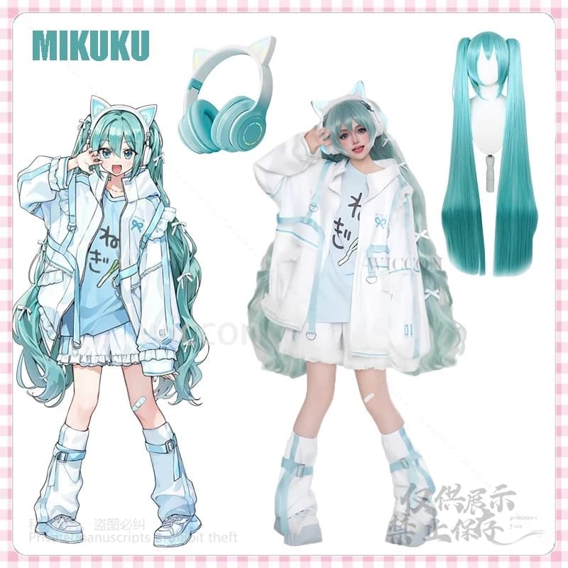 Anime Mikuku Cosplay Kawaii Blue White Set Full Wigs Headset T-shirt Socks Dress Role Game Personalized Woman Halloween party