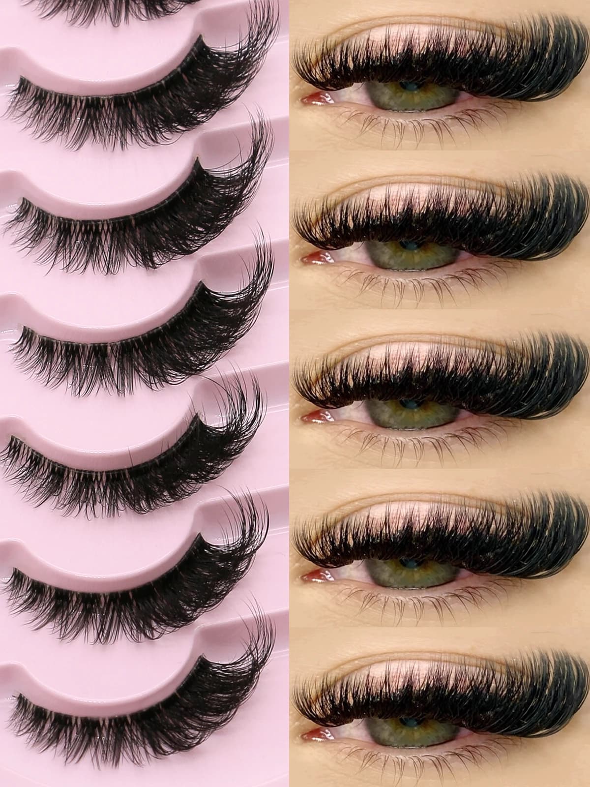 7 pairs of eyelashes effect cat eyes, long and natural, with transparent band, elongated eyelashes with enlarged tip, fake lashes in synthetic mink for make-up