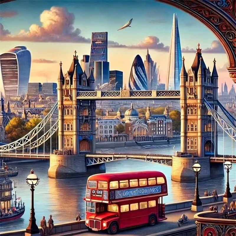 DIY London Tower Bridge Red Double Decker Bus Thames City Skyline Landscape Diamond Painting, Living Room Bedroom Wall Decor