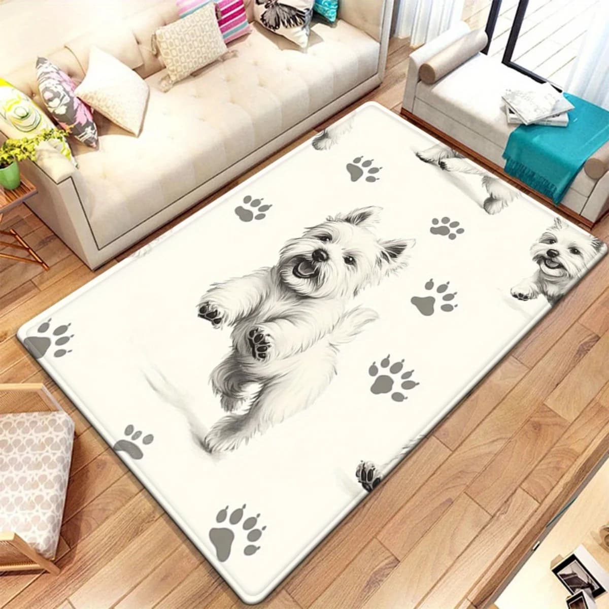 Tappeto con Stampa di Zampe di Cane Bianco, Tappetino Antiscivolo Lavabile, Versatile Decorazione per la Casa