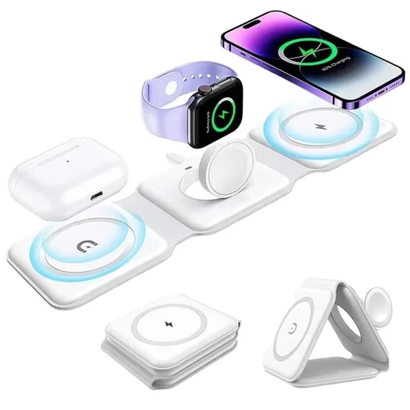 Magnetic Foldable Wireless Charger 3 in 1, Quick Charging 15 W, USB Type C, for Phones, Watches and Earphones