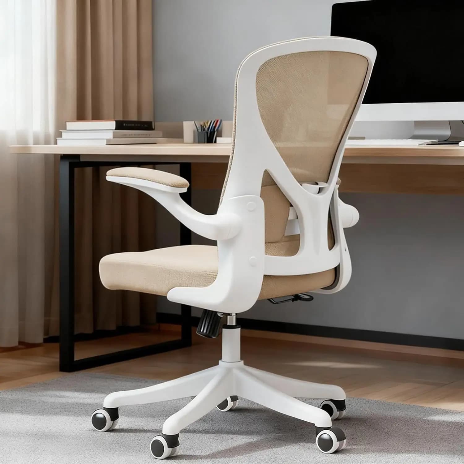 Sedia da Ufficio Ergonomica con Supporto Lombare Regolabile, Braccioli Ribaltabili, Cuscino Spesso e Ruote per Lavoro da Casa/Ufficio