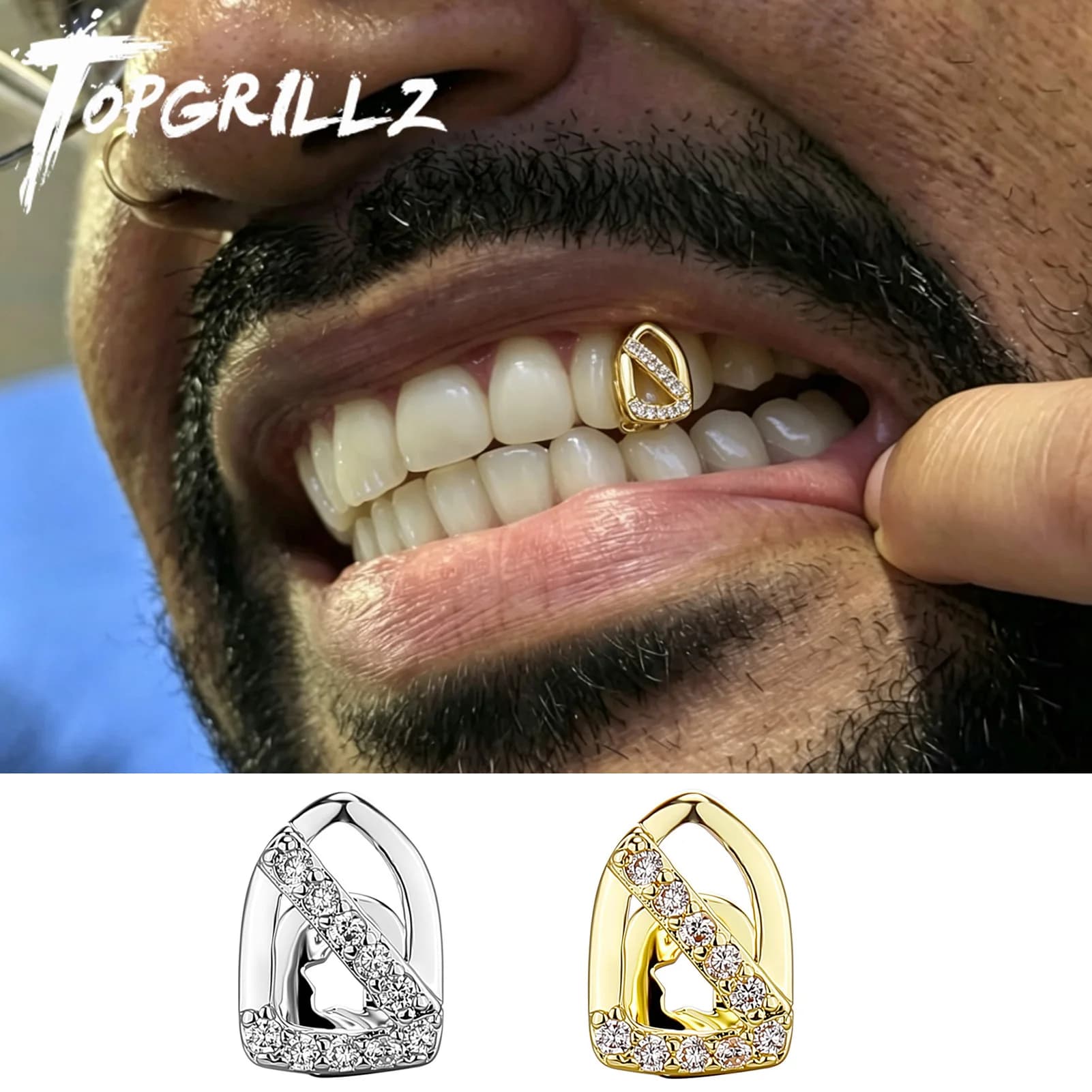 TOPGRILLZ Copri-denti Hip Hop con foro centrale per uomo e donna, lucidi, singoli, stile Punk Rapper, gioielli, regalo di Natale