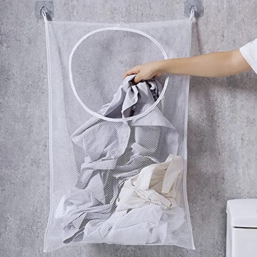 Hanging Laundry Hamper Bag, Portable Laundry Bag, 30 x 20 Inch Large Foldable Wall Hanging Laundry Basket with 2 Adhesive Hooks