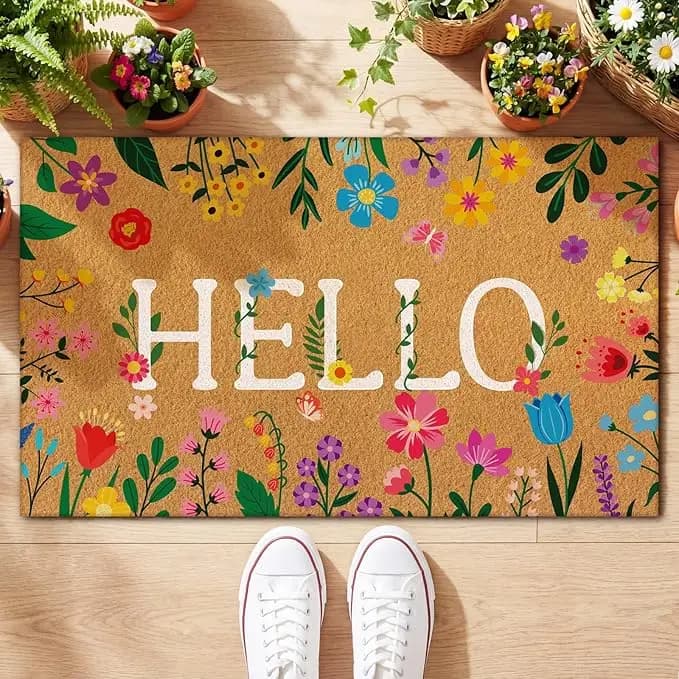 Tappeto Zerbino Colorato Floreale HELLO Antiscivolo con Fiori Primaverili, Tappeto di Benvenuto Lavabile per Ingresso, Ideale per Giardino e Patio