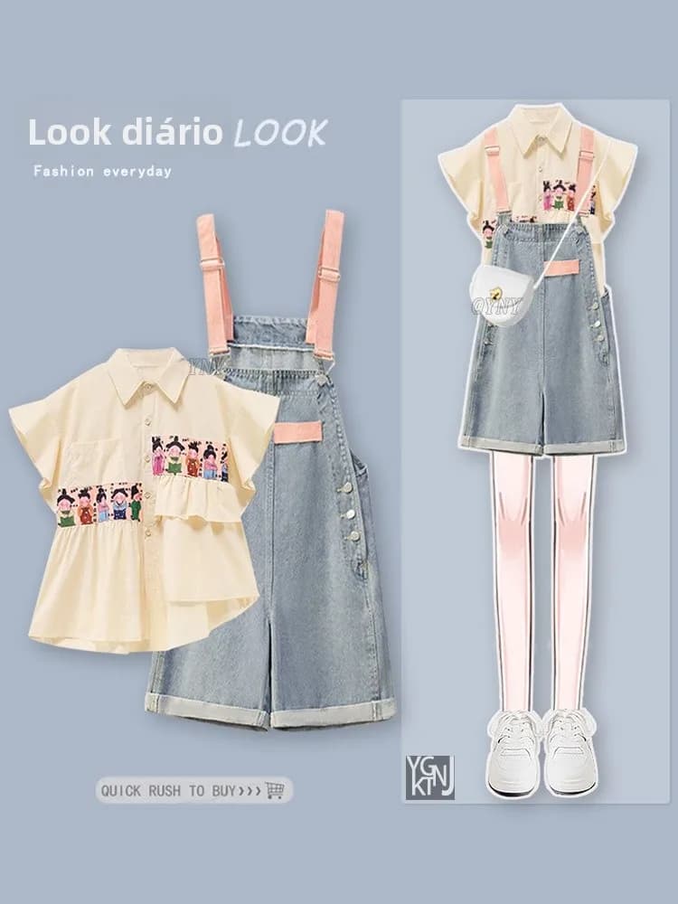 Dopamine College Style Denim Halter Dress Summer 2026 New Collar Asymmetrical Top Set Short Sleeve Straight Leg H-Shape