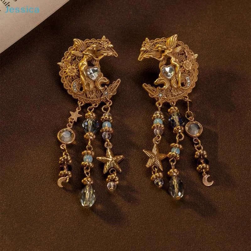 ♥Vintage Moon & Fairy Drop Earrings - Gold Tone Crystal Tassel Dangle Earrings for Women