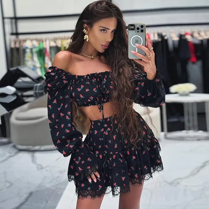 Sexy Lace Trim Printed Lantern Sleeve Tube Top Skirt Set Women's Fashion Two-Piece Outfit round Neck Long Sleeve Shorts